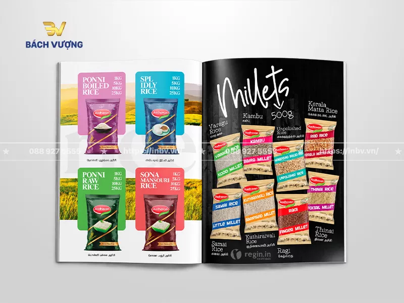 Mẫu catalogue bao b&igrave; thực phẩm cho gạo & hạt ngũ cốc