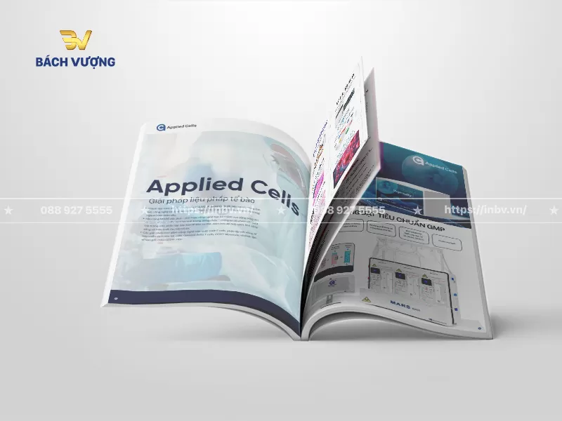 m&ocirc; phỏng g&oacute;c ch&iacute;nh diện lật mở trang mẫu catalogue dịch vụ chăm s&oacute;c sức khỏe bố cục r&otilde; r&agrave;ng, kết hợp h&igrave;nh ảnh minh họa quy tr&igrave;nh c&ocirc;ng nghệ cao & sơ đồ thiết bị y tế trực quan