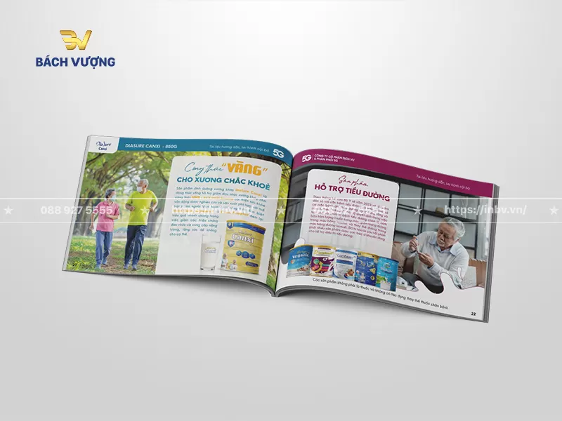 Thiết kế trang nội dung mẫu catalogue dịch vụ chăm s&oacute;c sức khỏe giới thiệu sữa dinh dưỡng cho người gi&agrave; & người tiểu đường h&igrave;nh ảnh người thật trực quan 