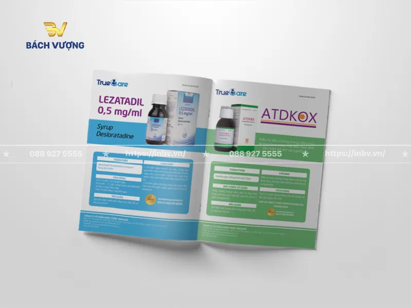 Trang nội dung mẫu catalogue dịch vụ chăm s&oacute;c sức khỏe giới thiệu c&aacute;c d&ograve;ng sản phẩm thuốc dạng siro bố cục chia đ&ocirc;i m&agrave;u sắc k&egrave;m bảng th&ocirc;ng tin chi tiết về th&agrave;nh phần, c&aacute;ch d&ugrave;ng & bảo quản