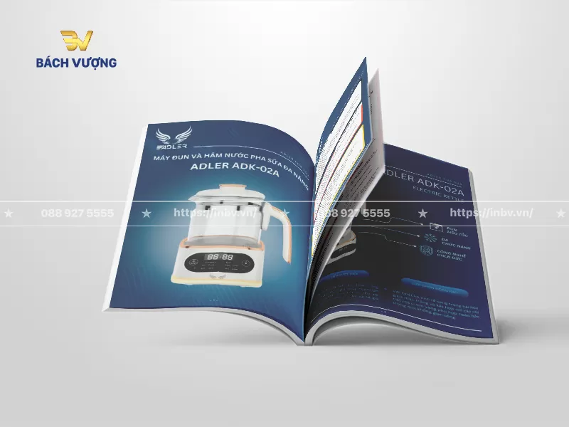 mẫu catalogue đồ gia dụng giới thiệu m&aacute;y đun v&agrave; h&acirc;m nước pha sữa đa năng tone m&agrave;u xanh dương đậm hiện đại tr&igrave;nh b&agrave;y t&iacute;nh năng sản phẩm