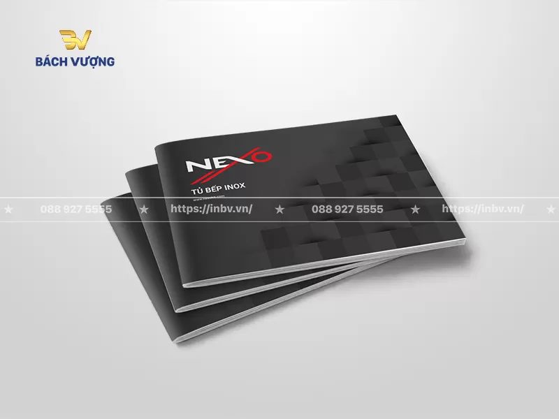 mẫu catalogue đồ gia dụng khổ ngang giới thiệu tủ bếp inox tone đen-x&aacute;m kết hợp hiệu ứng khối 3D 