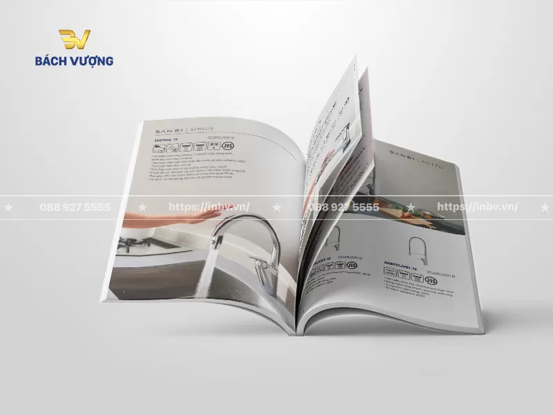 Phối cảnh lật trang mẫu catalogue đồ gia dụng v&agrave; phụ kiện v&ograve;i rửa cao cấp c&oacute; h&igrave;nh ảnh thực tế & ti&ecirc;u chuẩn kỹ thuật, th&ocirc;ng số chi tiết, gi&aacute; b&aacute;n ni&ecirc;m yết
