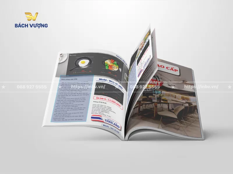 Thiết kế trang nội dung mẫu catalogue đồ gia dụng giới thiệu mẫu bếp điện từ đ&ocirc;i h&igrave;nh ảnh mặt bếp thực tế, danh s&aacute;ch t&iacute;nh năng nổi bật, th&ocirc;ng số kỹ thuật, c&ocirc;ng suất, k&iacute;ch thước & gi&aacute; b&aacute;n