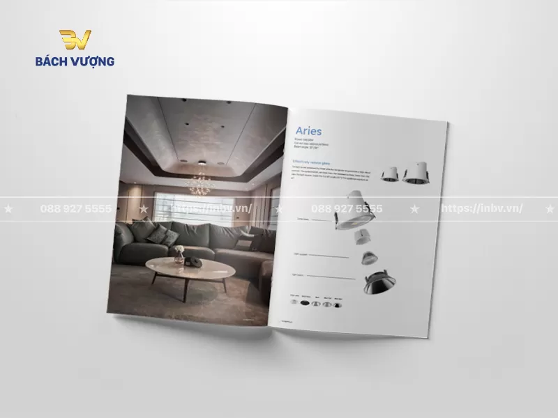 Thiết kế trang nội dung mẫu catalogue đồ gia dụng giới thiệu thiết bị chiếu s&aacute;ng nội dung với h&igrave;nh ảnh thực tế kh&ocirc;ng gian & bản vẽ kỹ thuật, cấu tạo linh kiện, th&ocirc;ng số chi tiết