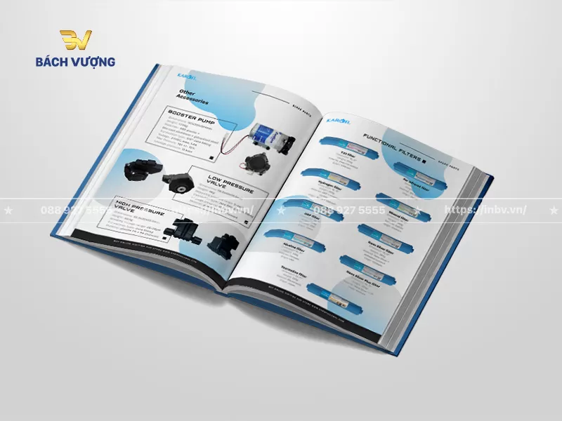 Mẫu catalogue m&aacute;y lọc nước trang giới thiệu linh kiện v&agrave; l&otilde;i lọc chức năng