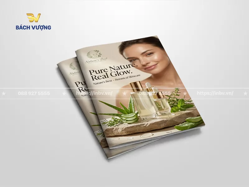 mẫu catalogue mỹ phẩm thi&ecirc;n nhi&ecirc;n nổi bật với h&igrave;nh ảnh người mẫu, chai serum tinh chất, nha đam v&agrave; l&aacute; bạc h&agrave; tươi m&aacute;t