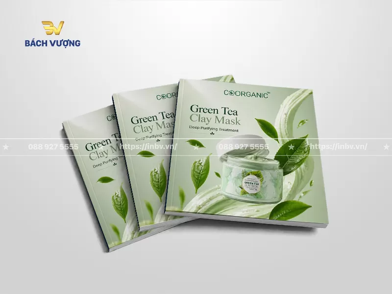 mẫu catalogue mỹ phẩm thiết kế mặt b&igrave;a tone xanh l&aacute; tươi m&aacute;t c&ugrave;ng h&igrave;nh ảnh hũ mặt nạ đất s&eacute;t v&agrave; những l&aacute; tr&agrave; xanh bay bổng