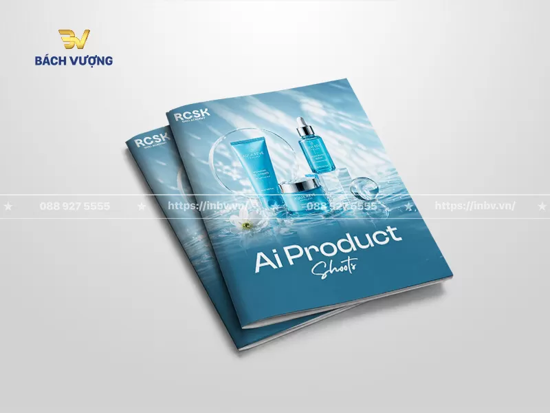 mẫu catalogue mỹ phẩm tone xanh dương m&aacute;t mẻ c&ugrave;ng h&igrave;nh ảnh bộ sản phẩm dưỡng da đặt tr&ecirc;n nền nước tinh khiết