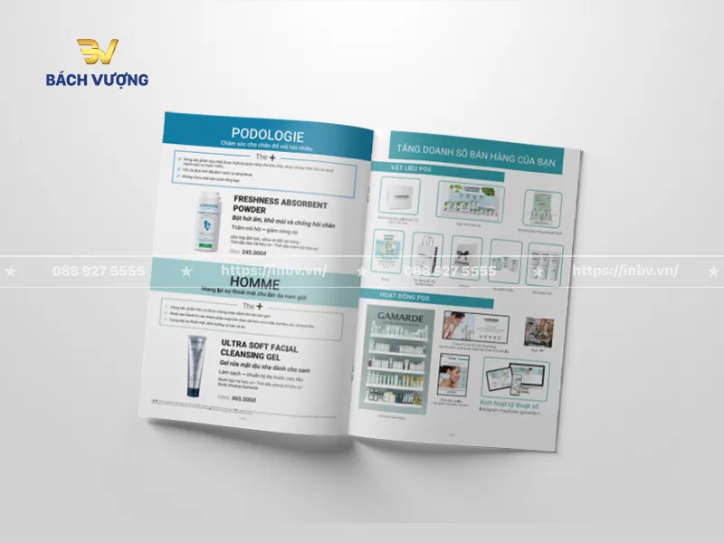 Phối cảnh hai trang mở rộng của mẫu catalogue mỹ phẩm giới thiệu d&ograve;ng sản phẩm chăm s&oacute;c ch&acirc;n cho nam 