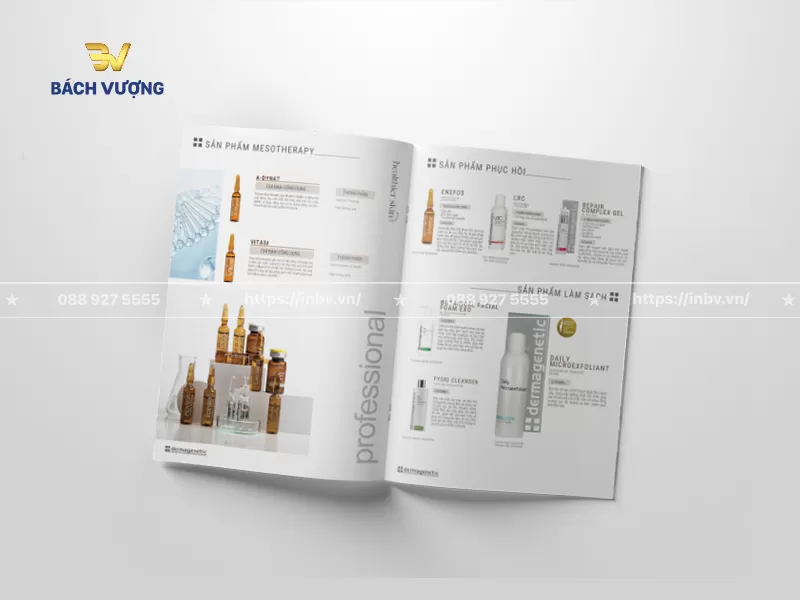 Thiết kế trang danh mục sản phẩm mẫu catalogue mỹ phẩm tr&igrave;nh b&agrave;y khoa học k&egrave;m h&igrave;nh ảnh tinh chất, chai lọ thực tế