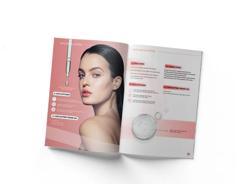 Thiết kế trang trong mẫu catalogue mỹ phẩm hiển thị chi tiết c&aacute;c mục c&ocirc;ng dụng, th&agrave;nh phần, c&aacute;ch sử dụng k&egrave;m h&igrave;nh ảnh ch&acirc;n dung người mẫu v&agrave; ống tinh chất tinh tế