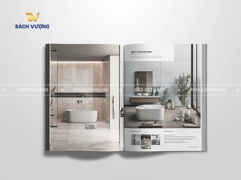 Thiết kế trang phối cảnh ph&ograve;ng tắm hiện đại trong mẫu catalogue thiết bị vệ sinh