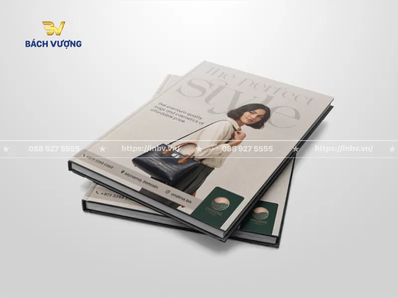 mẫu catalogue t&uacute;i x&aacute;ch b&igrave;a cứng sang trọng, thiết kế b&igrave;a m&agrave;u kem x&aacute;m in h&igrave;nh người mẫu
