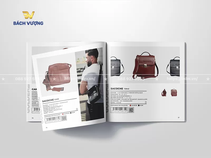 thiết kế trang ruột catalogue t&uacute;i x&aacute;ch giới thiệu d&ograve;ng sản phẩm t&uacute;i da nam đeo ch&eacute;o