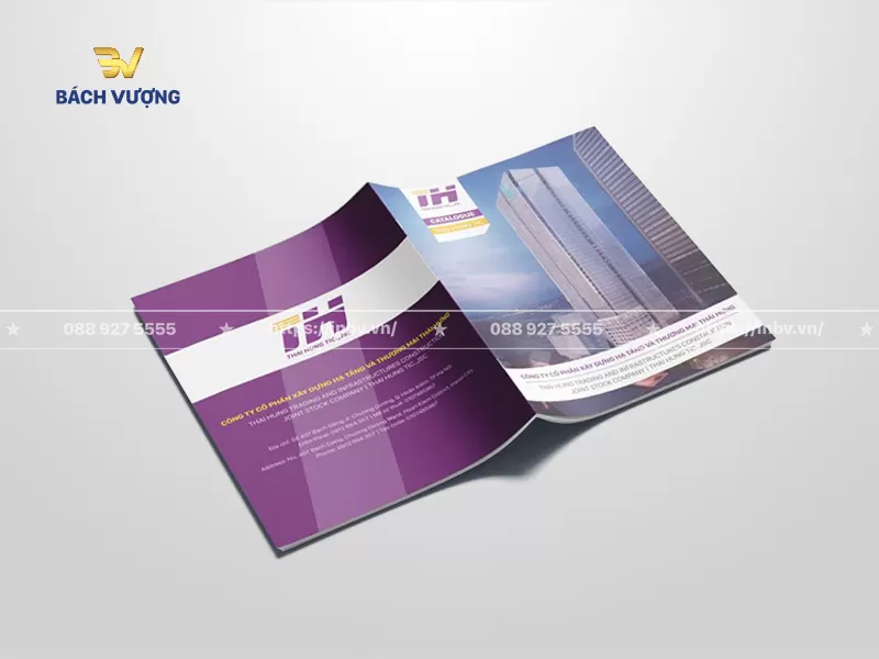 mẫu catalogue x&acirc;y dựng c&ocirc;ng ty hạ tầng v&agrave; thương mại d&aacute;ng ngang sắc t&iacute;m nổi bật
