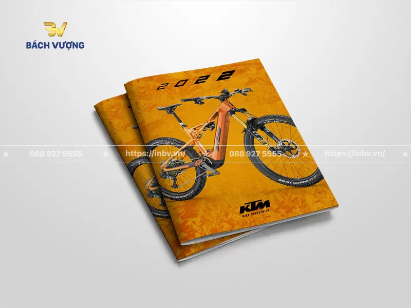 mẫu catalogue xe đạp địa h&igrave;nh trang b&igrave;a thu h&uacute;t thị gi&aacute;c mạnh mẽ tone cam rực rỡ, kết hợp c&ugrave;ng họa tiết nền l&aacute; phong ch&igrave;m