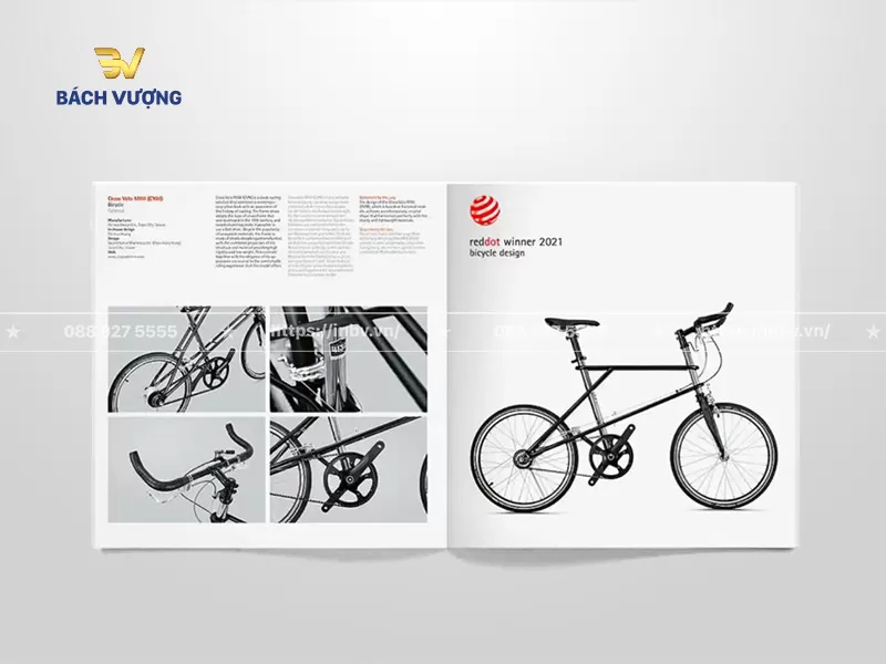 Thiết kế trang giới thiệu mẫu catalogue xe đạp mini bố cục khoa học với c&aacute;c đoạn văn bản thuyết minh th&ocirc;ng số kỹ thuật chi tiết k&egrave;m &ocirc; ảnh