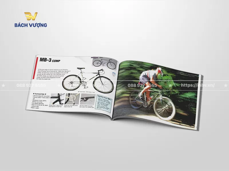 Thiết kế trang nội dung mẫu catalogue xe đạp chứa h&igrave;nh ảnh thực tế tr&agrave;n viền khoảnh khắc tay đua vượt địa h&igrave;nh k&egrave;m h&igrave;nh ảnh nhỏ zoom cận cảnh chi tiết
