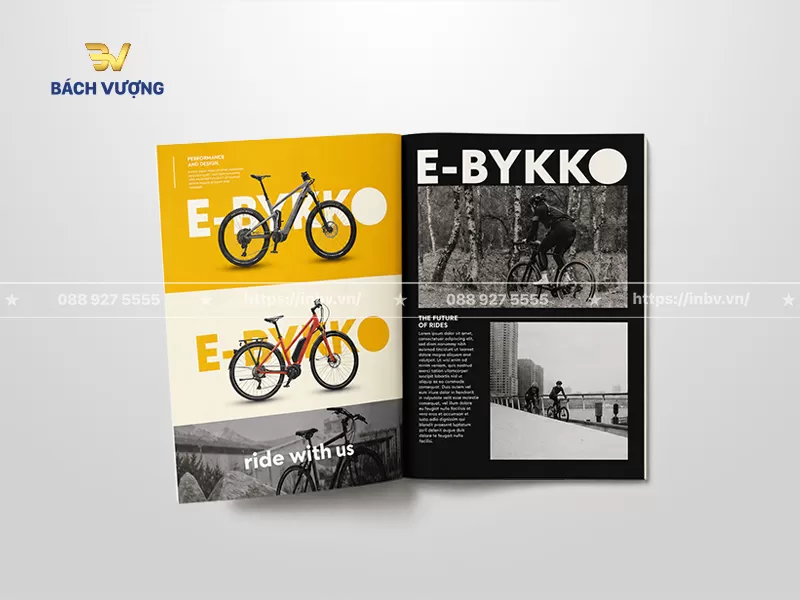 Thiết kế trang nội dung mẫu catalogue xe đạp điện trợ lực sử dụng m&agrave;u sắc tương phản cao lồng gh&eacute;p c&aacute;c bức ảnh thực tế m&ocirc; tả h&agrave;nh tr&igrave;nh di chuyển của người l&aacute;i