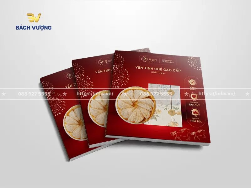 mẫu catalogue yến s&agrave;o tone đỏ kết hợp họa tiết ph&aacute;o hoa lễ hội giới thiệu yến tinh chế cao cấp