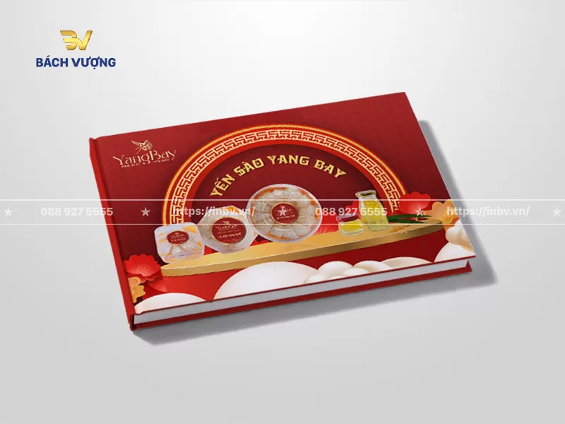 mẫu catalogue yến s&agrave;o tone đỏ kết hợp họa tiết trống đồng mang đậm n&eacute;t truyền thống