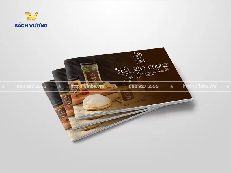 mẫu catalogue yến s&agrave;o tone n&acirc;u trầm ấm sử dụng ảnh chụp phối cảnh kh&ocirc;ng gian trưng b&agrave;y ấm c&uacute;ng giới thiệu top sản phẩm yến chưng thượng hạng