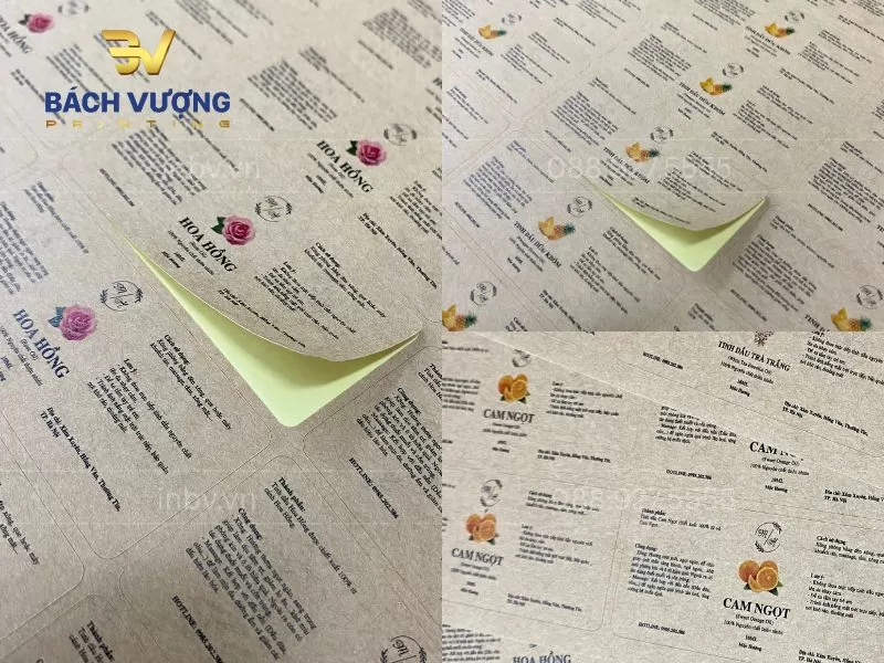 Mẫu in tem decal kraft cho sản phẩm tinh dầu chiết xuất từ hoa & tr&aacute;i c&acirc;y
